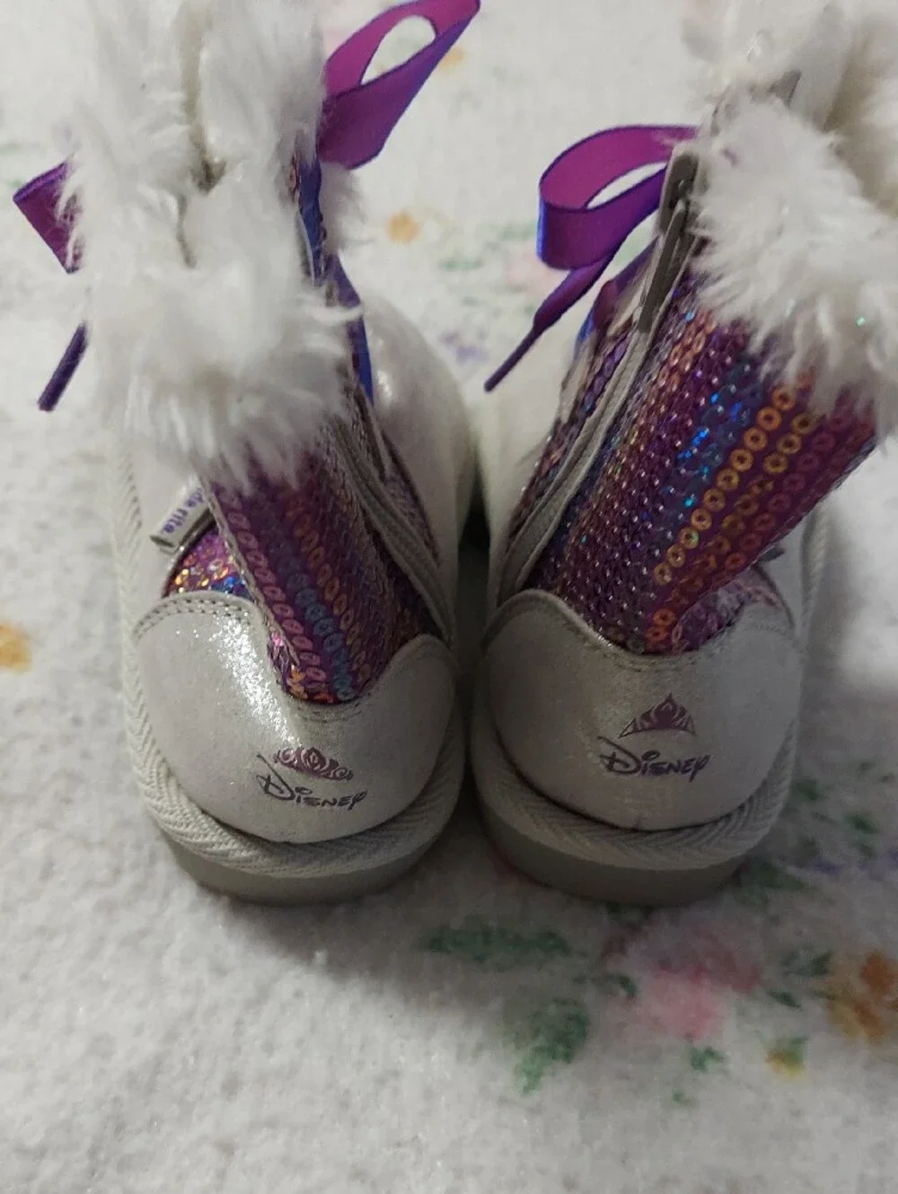 Stride Rite Girls White and Purple Sparkle Fur-Trim Boots